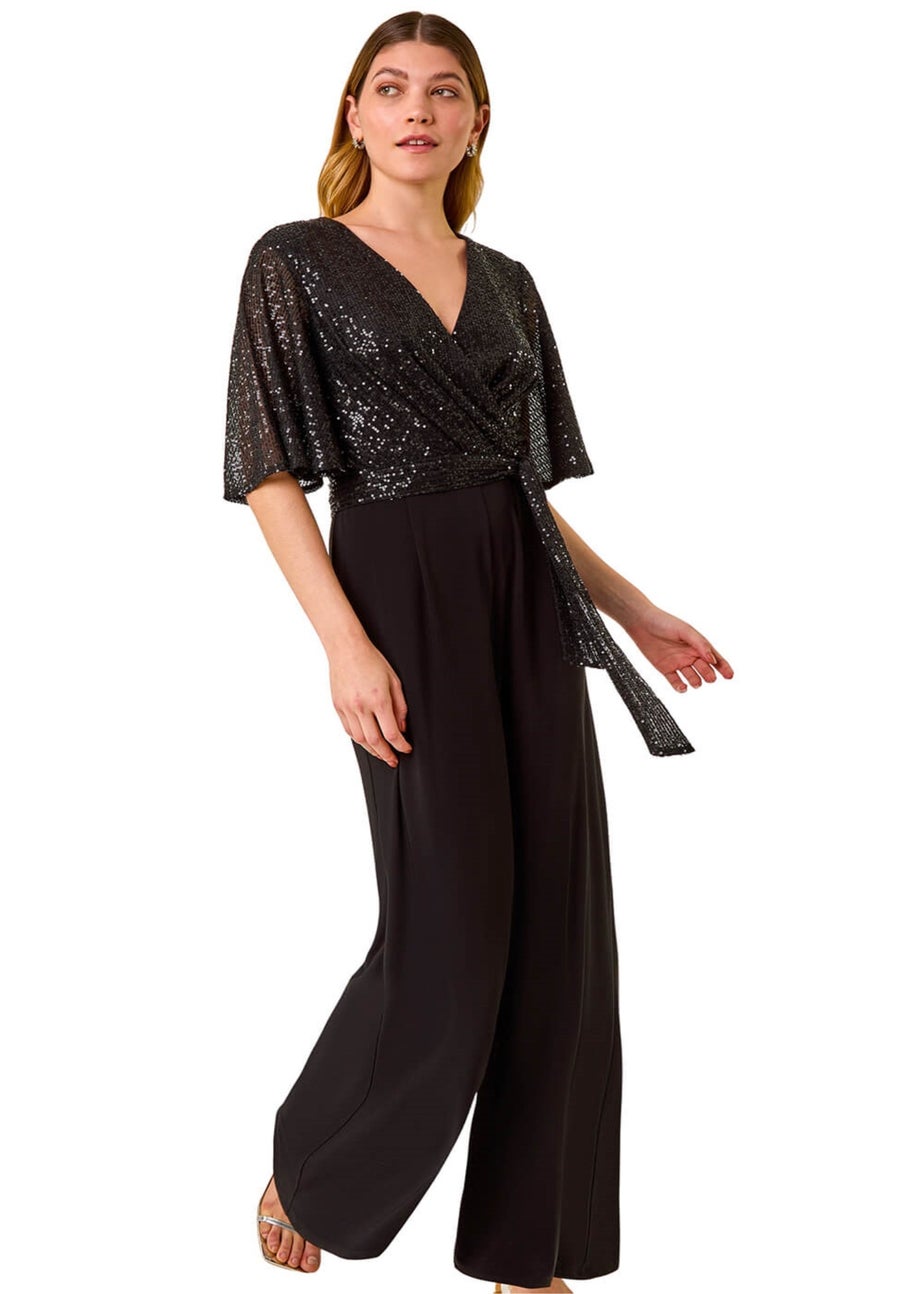 Roman Black Sequin Flutter Sleeve Stretch Jumpsuit