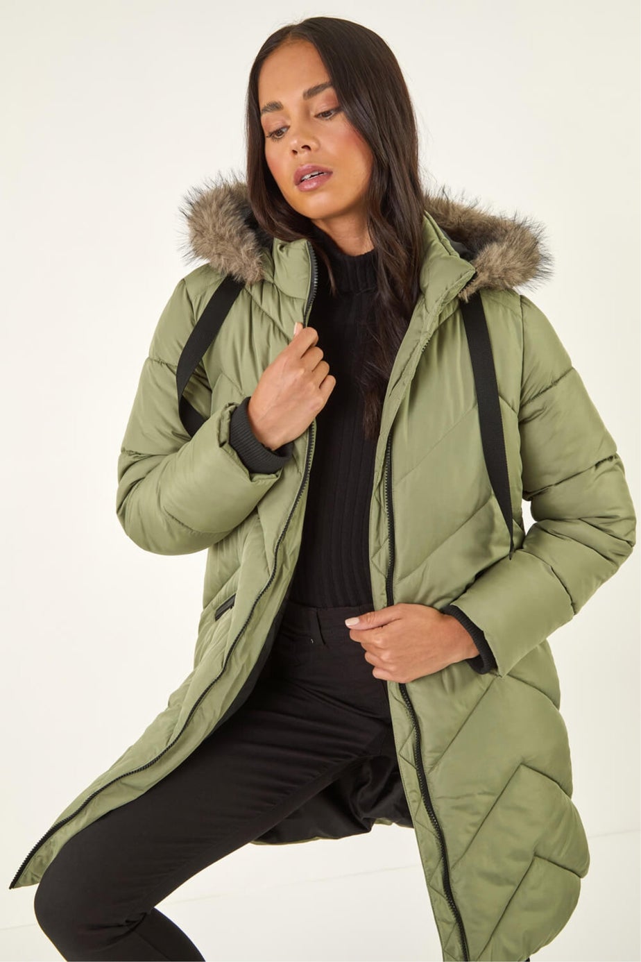 Roman Khaki Petite Contrast Zip Puffer Coat
