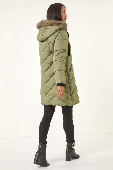 Roman Khaki Petite Contrast Zip Puffer Coat