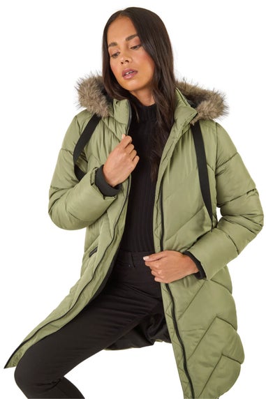Roman Khaki Petite Contrast Zip Puffer Coat