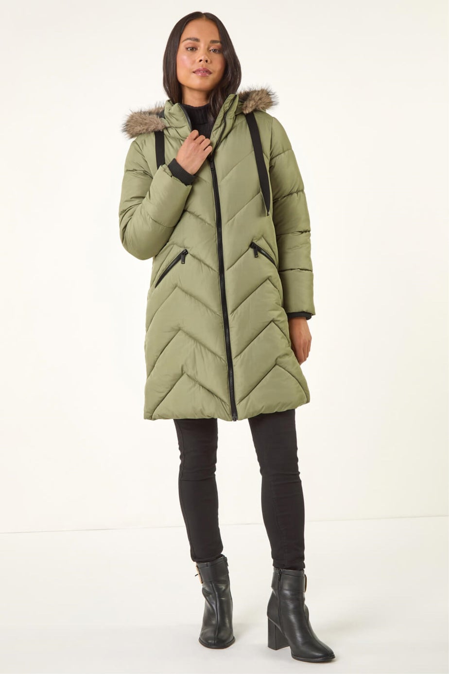 Roman Khaki Petite Contrast Zip Puffer Coat