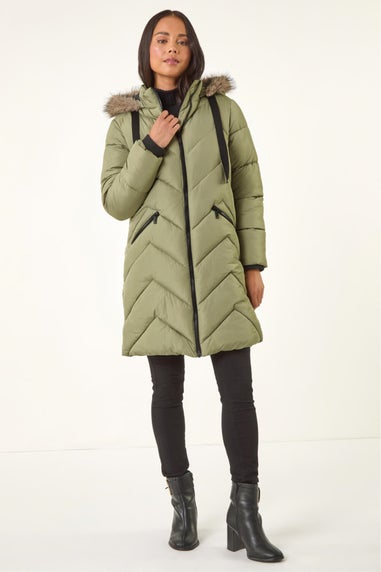 Roman Khaki Petite Contrast Zip Puffer Coat