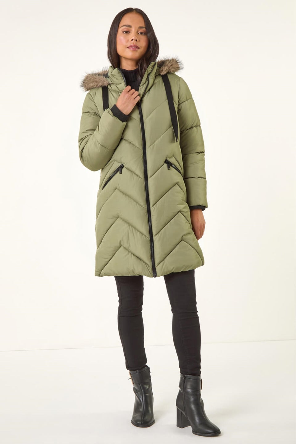Roman Khaki Petite Contrast Zip Puffer Coat