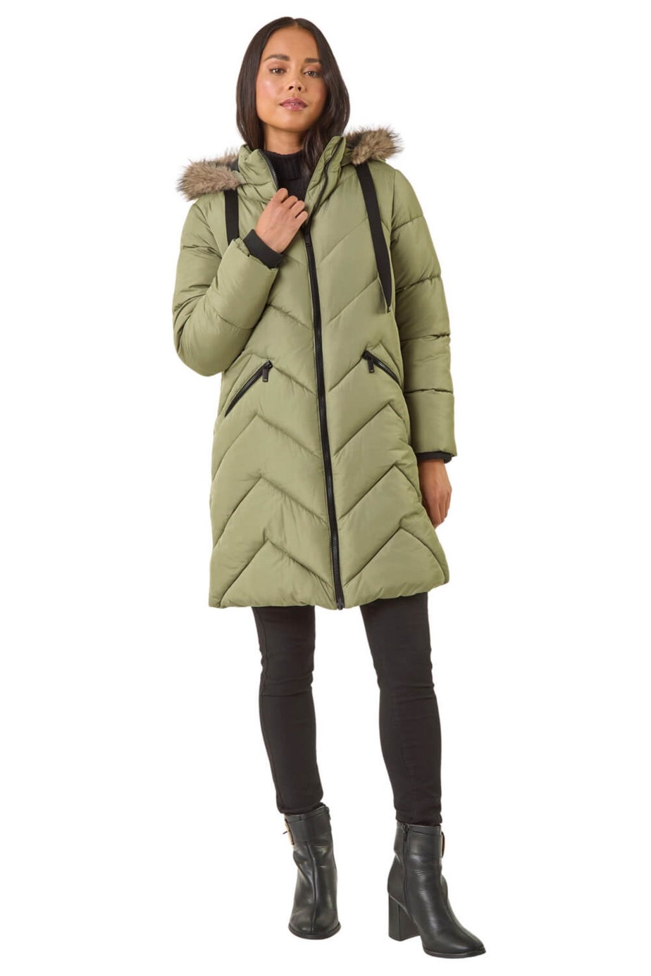 Roman Khaki Petite Contrast Zip Puffer Coat