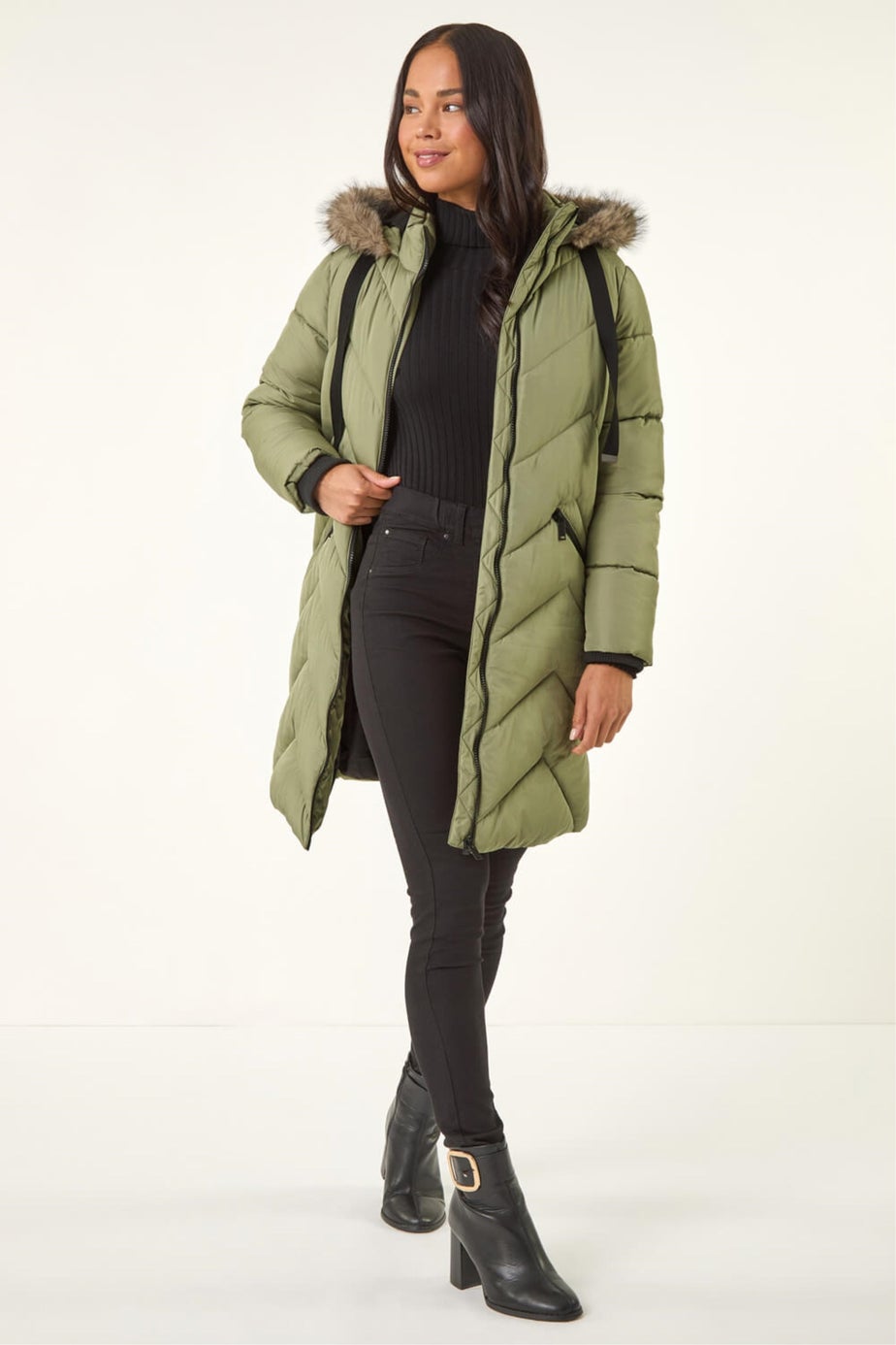 Roman Khaki Petite Contrast Zip Puffer Coat