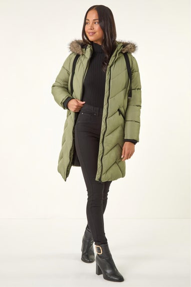 Roman Khaki Petite Contrast Zip Puffer Coat