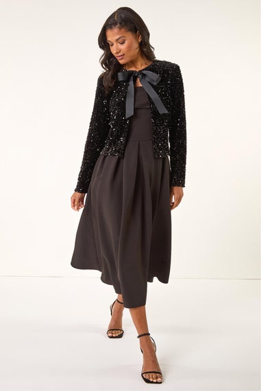 Roman Black Sequin Bow Front Jacket