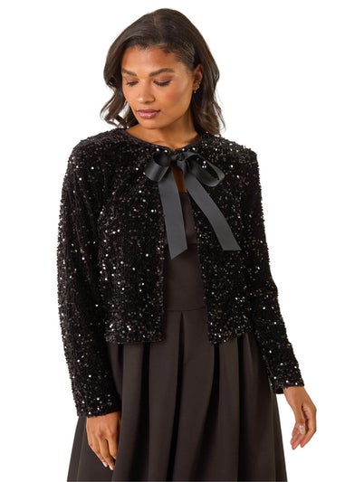 Roman Black Sequin Bow Front Jacket