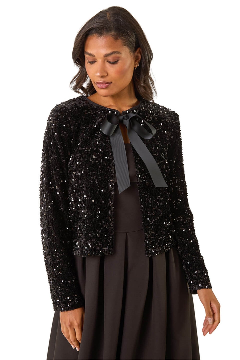 Roman Black Sequin Bow Front Jacket