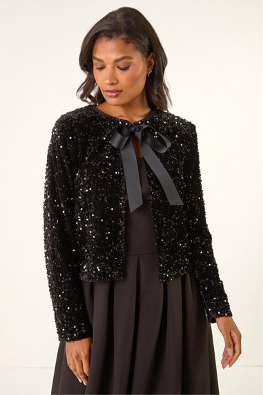 Roman Black Sequin Bow Front Jacket