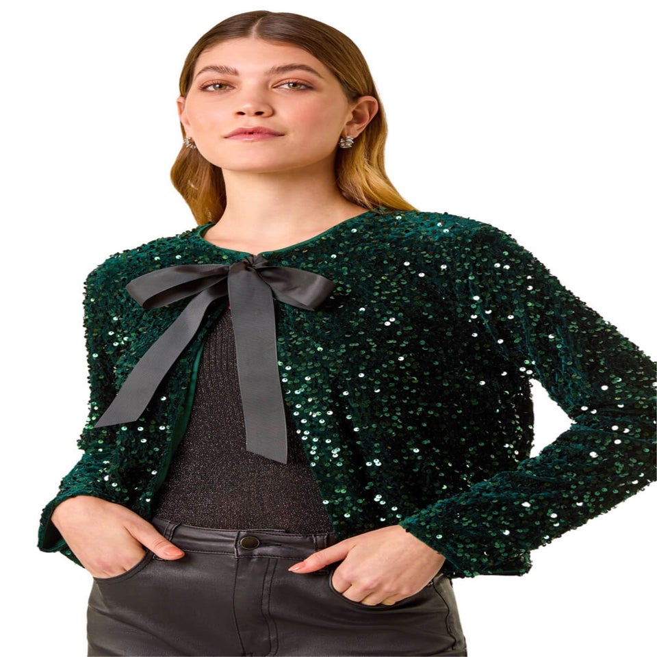 Roman Green Sequin Bow Front Jacket