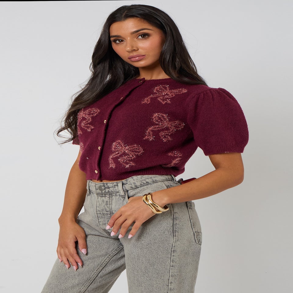 Urban Bliss Burgundy Short Sleeved Bow Cardigan