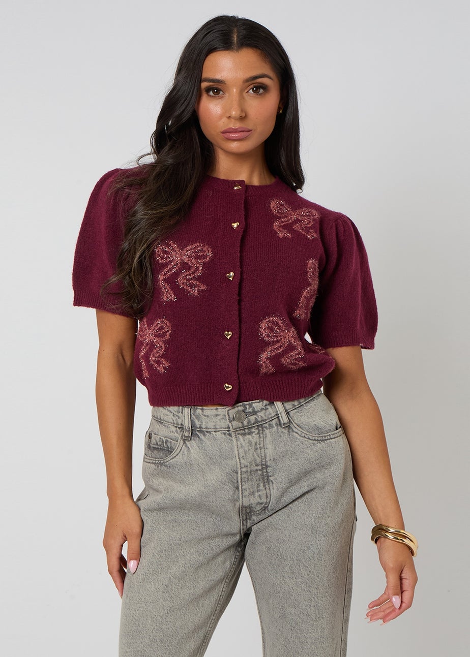 Urban Bliss Burgundy Short Sleeved Bow Cardigan