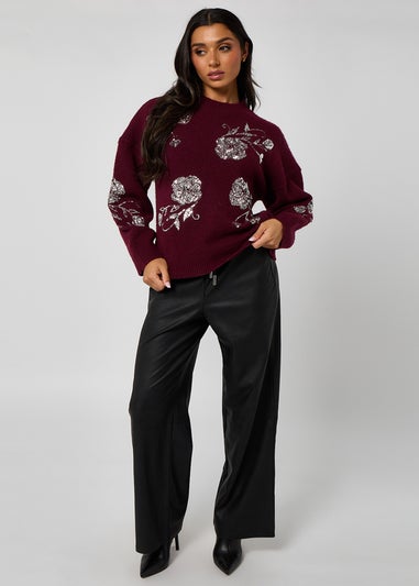 Urban Bliss Burgundy Floral Sequin Embroidery Jumper