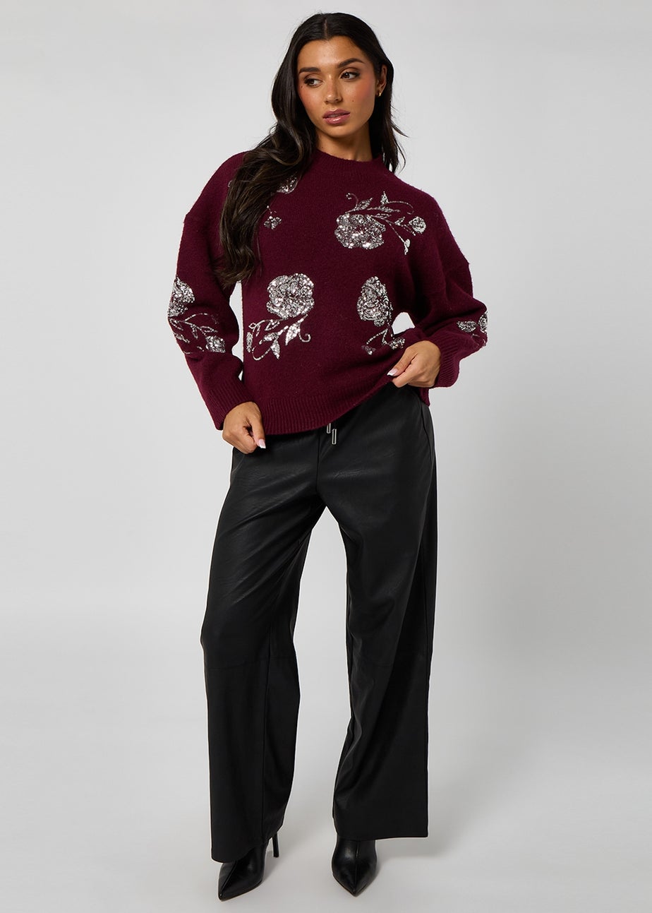 Urban Bliss Burgundy Floral Sequin Embroidery Jumper