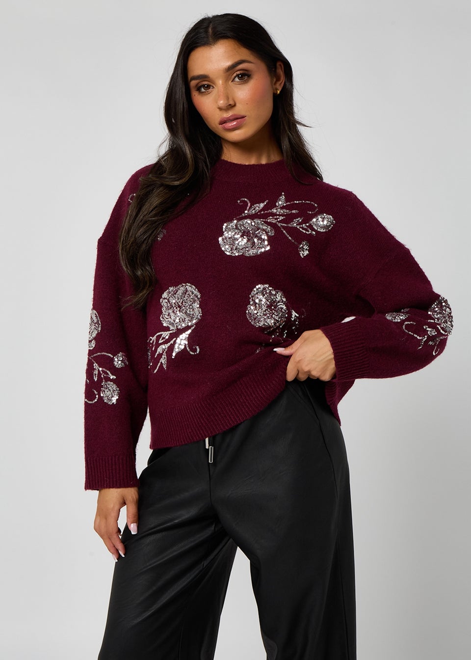 Urban Bliss Burgundy Floral Sequin Embroidery Jumper