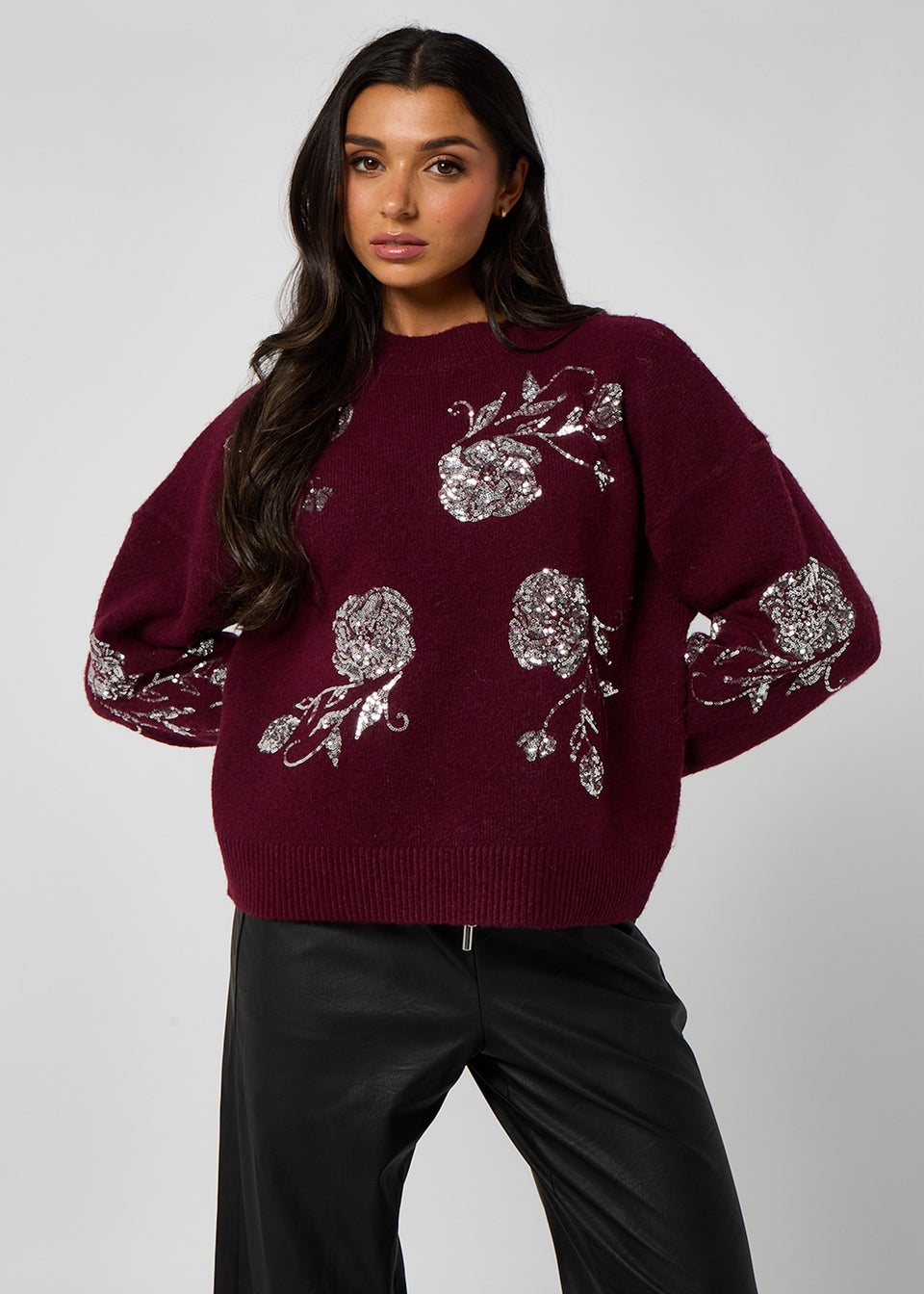 Urban Bliss Burgundy Floral Sequin Embroidery Jumper