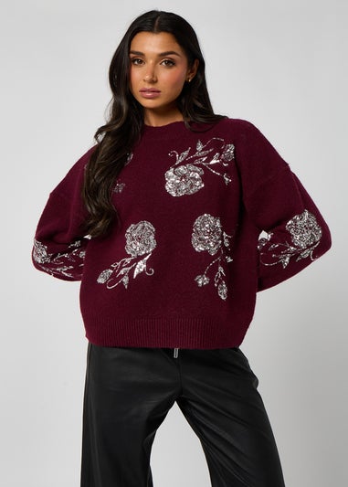 Urban Bliss Burgundy Floral Sequin Embroidery Jumper