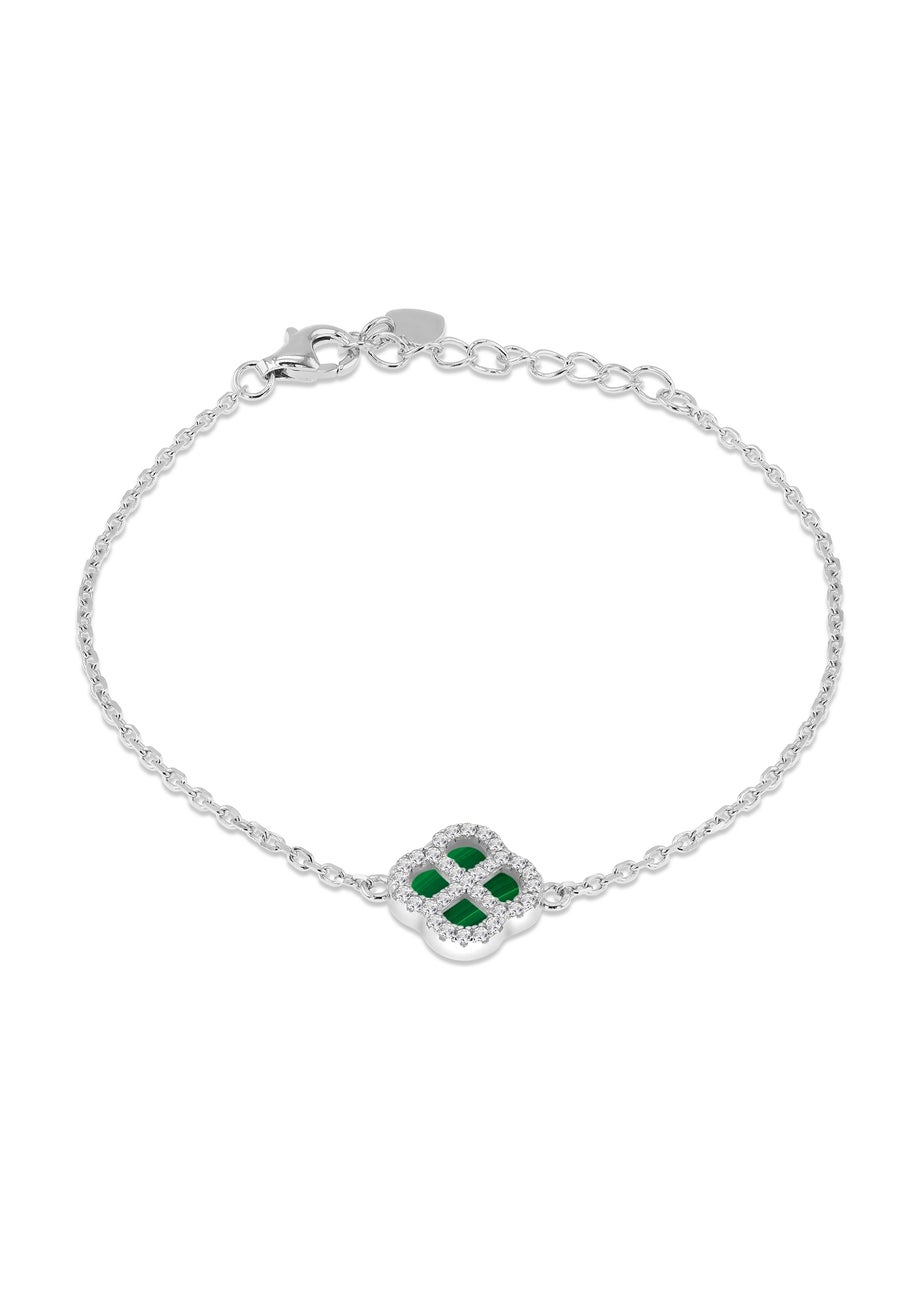 Golden Moments Sterling Silver Rhodium Plated Clover Malachite and White CZ Adjustable Bracelet