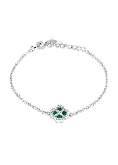 Golden Moments Sterling Silver Rhodium Plated Clover Malachite and White CZ Adjustable Bracelet
