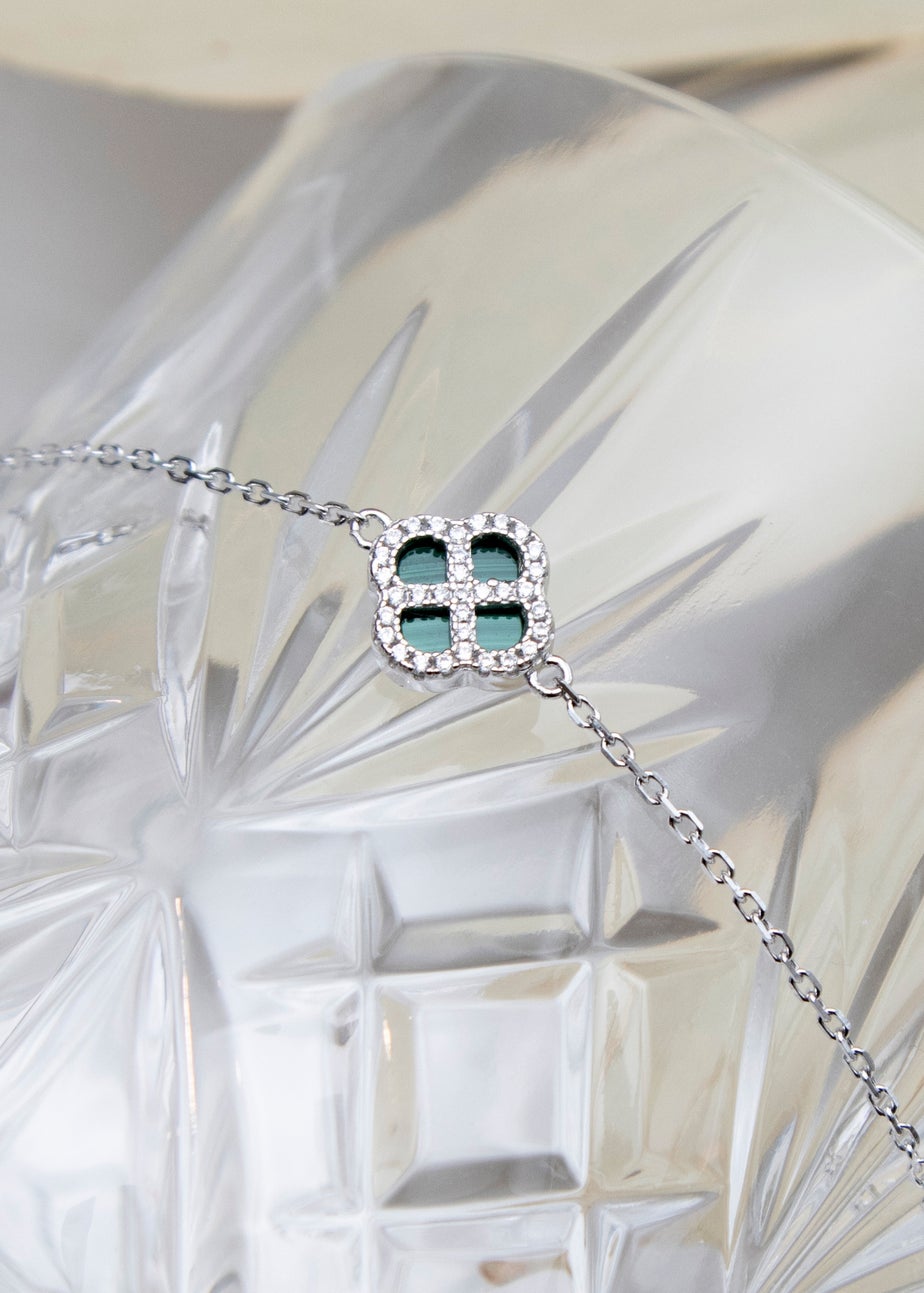 Golden Moments Sterling Silver Rhodium Plated Clover Malachite and White CZ Adjustable Bracelet