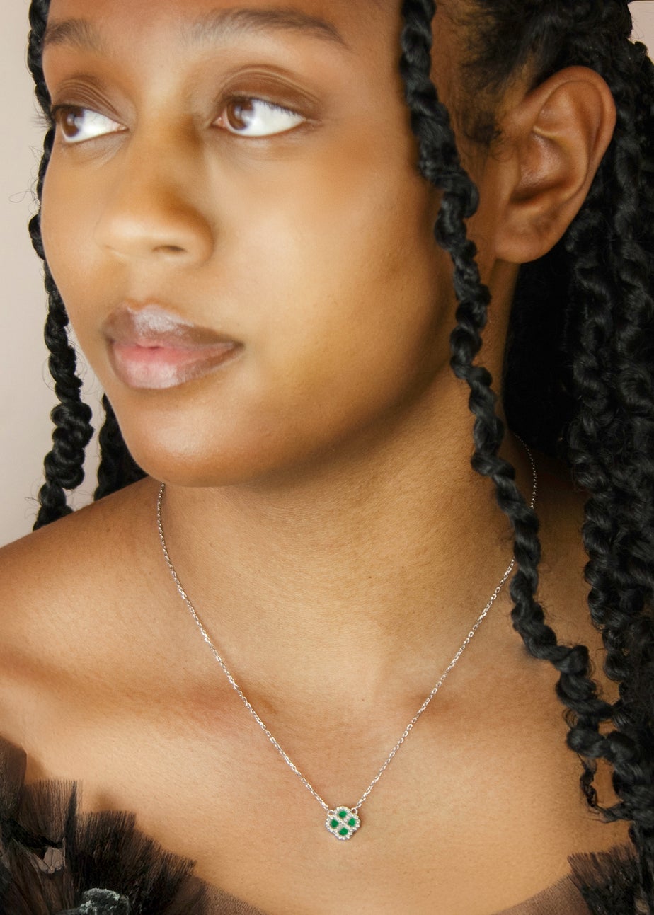 Golden Moments Sterling Silver Rhodium Plated Clover Malachite and White CZ Adjustable Necklace