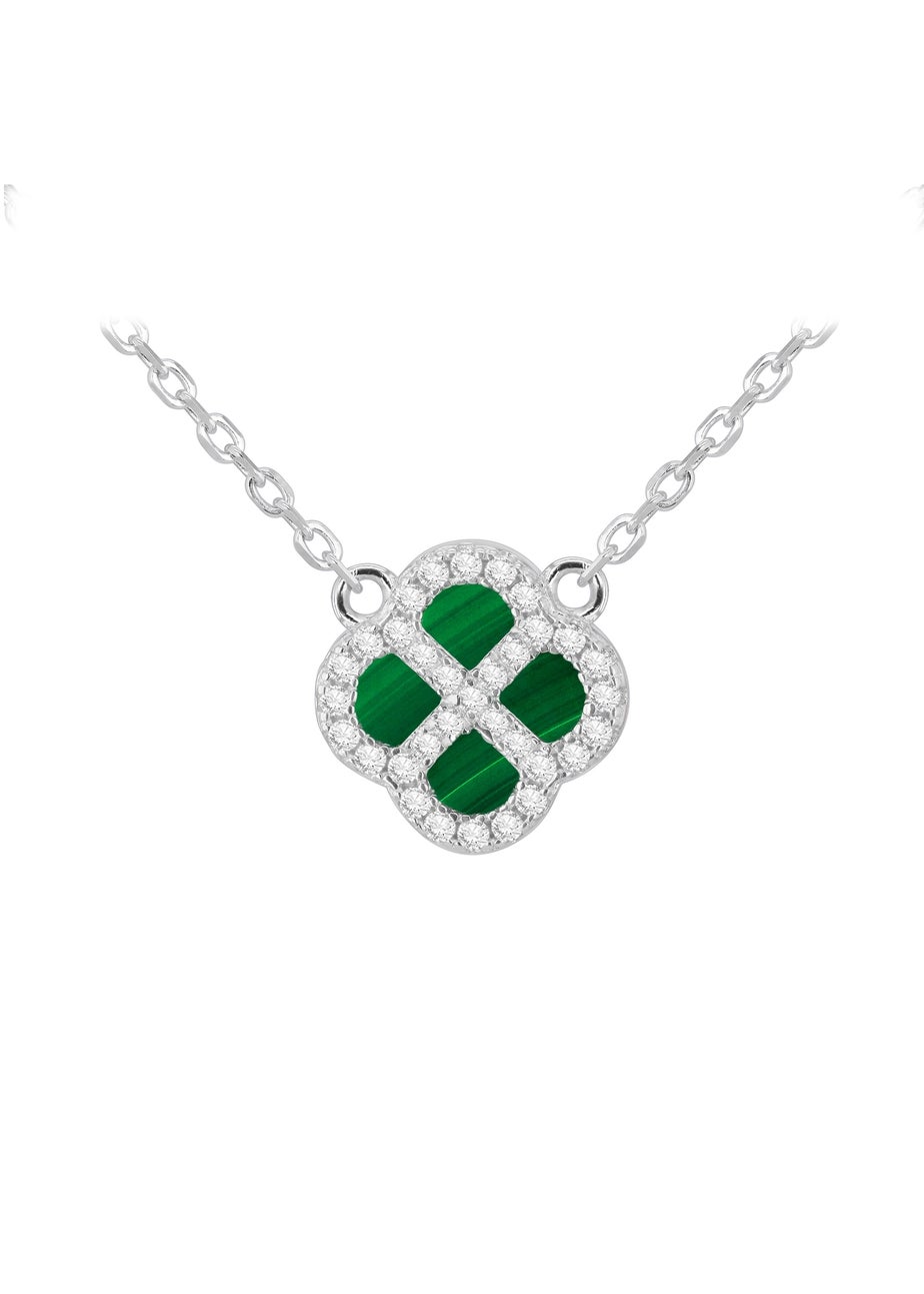 Golden Moments Sterling Silver Rhodium Plated Clover Malachite and White CZ Adjustable Necklace