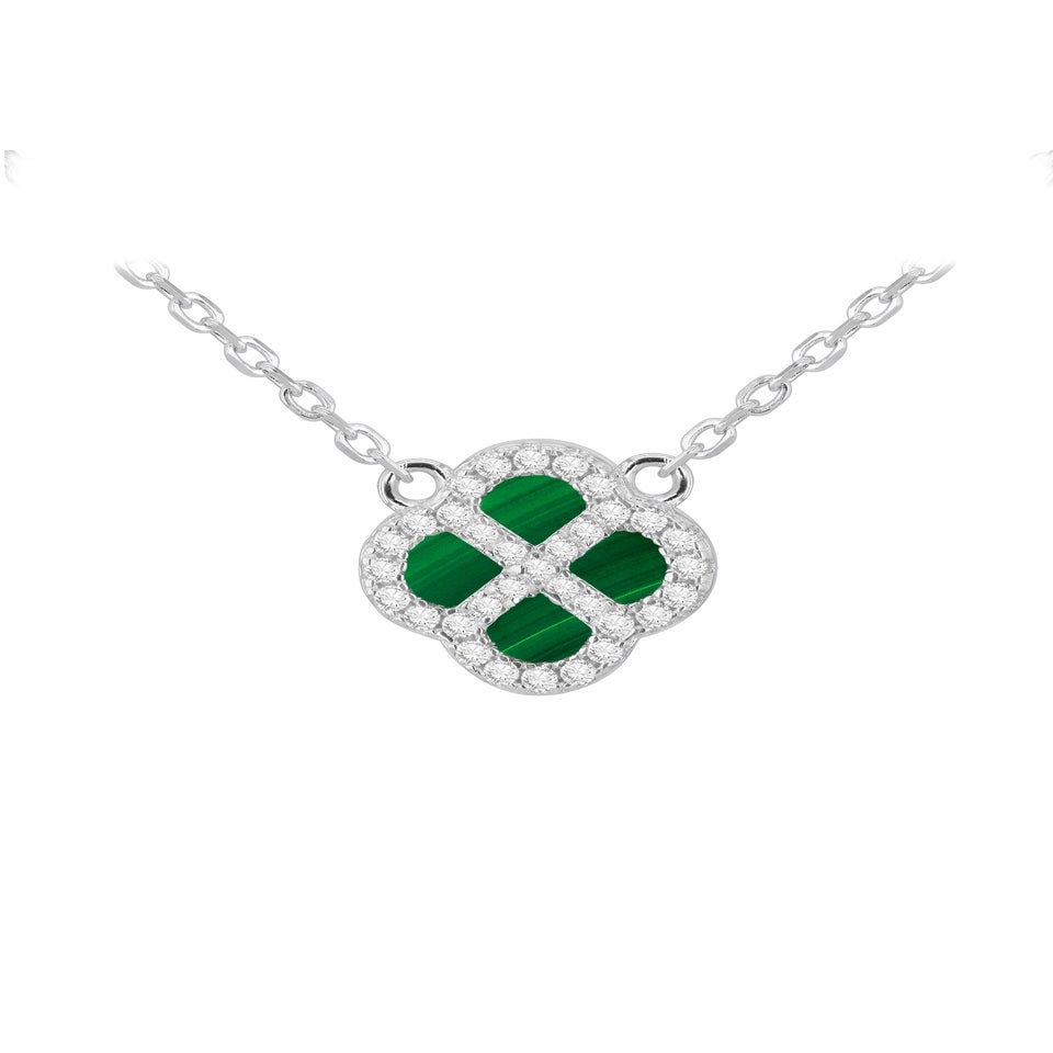 Golden Moments Sterling Silver Rhodium Plated Clover Malachite and White CZ Adjustable Necklace