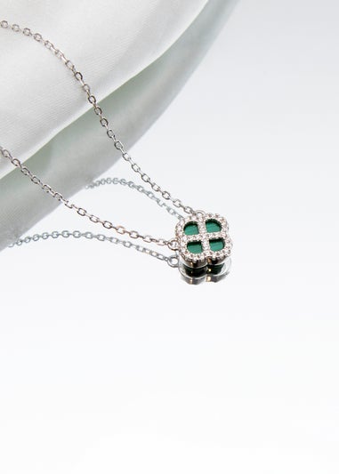 Golden Moments Sterling Silver Rhodium Plated Clover Malachite and White CZ Adjustable Necklace