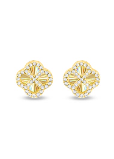 Golden Moments Sterling Silver Yellow Gold Plated Rainbow Clover and White CZ Stud Earrings