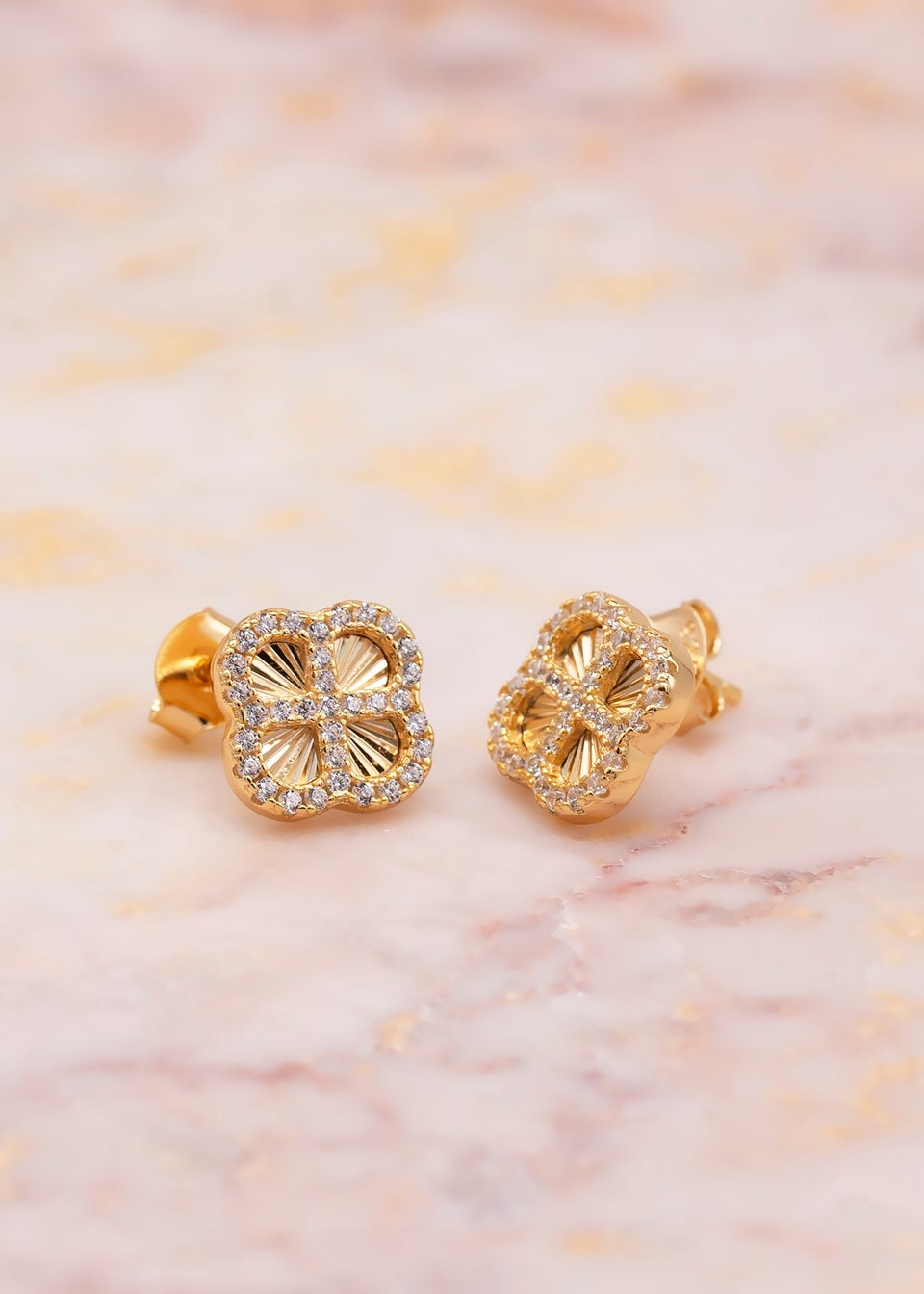 Golden Moments Sterling Silver Yellow Gold Plated Rainbow Clover and White CZ Stud Earrings