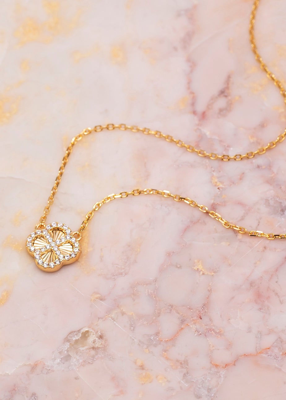 Golden Moments Sterling Silver Yellow Gold Plated Rainbow Clover and White CZ Adjustable Necklace