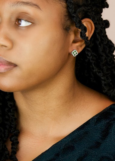 Golden Moments Sterling Silver Rhodium Plated Clover Mother Of Pearl and White CZ Stud Earring