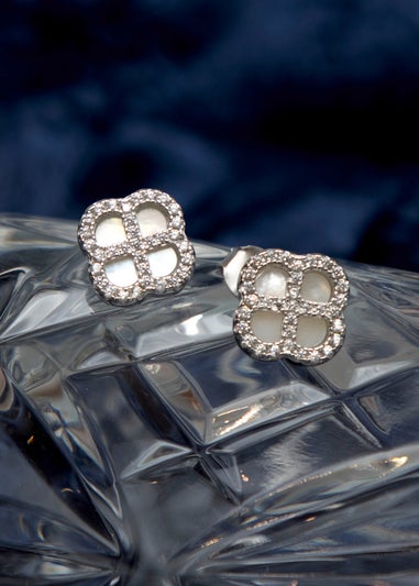 Golden Moments Sterling Silver Rhodium Plated Clover Mother Of Pearl and White CZ Stud Earring