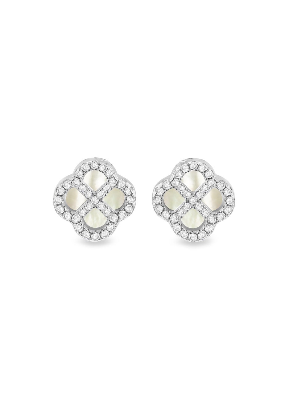 Golden Moments Sterling Silver Rhodium Plated Clover Mother Of Pearl and White CZ Stud Earring