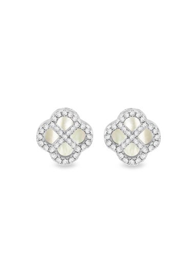 Golden Moments Sterling Silver Rhodium Plated Clover Mother Of Pearl and White CZ Stud Earring