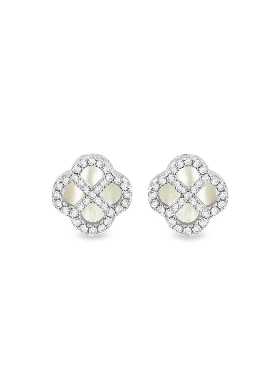 Golden Moments Sterling Silver Rhodium Plated Clover Mother Of Pearl and White CZ Stud Earring