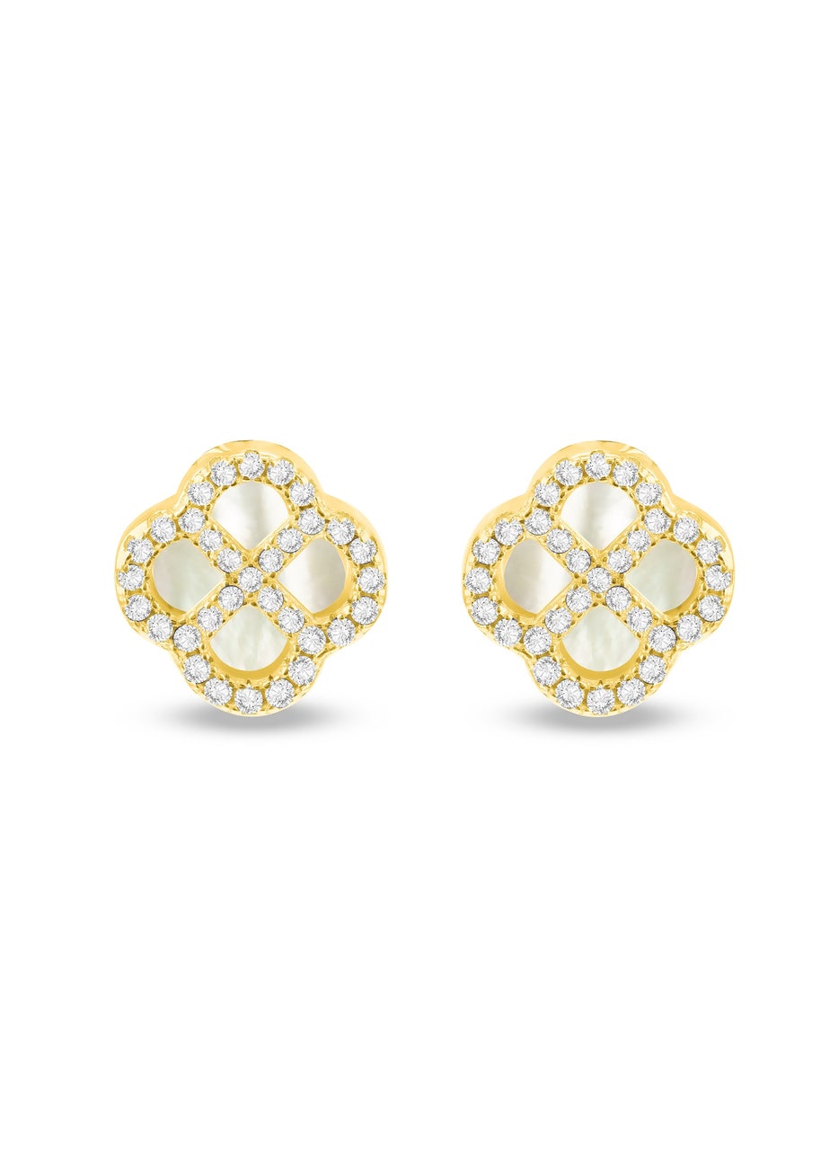 Golden Moments Sterling Silver Yellow Gold Plated Clover Mother Of Pearl and White CZ Stud Earrings