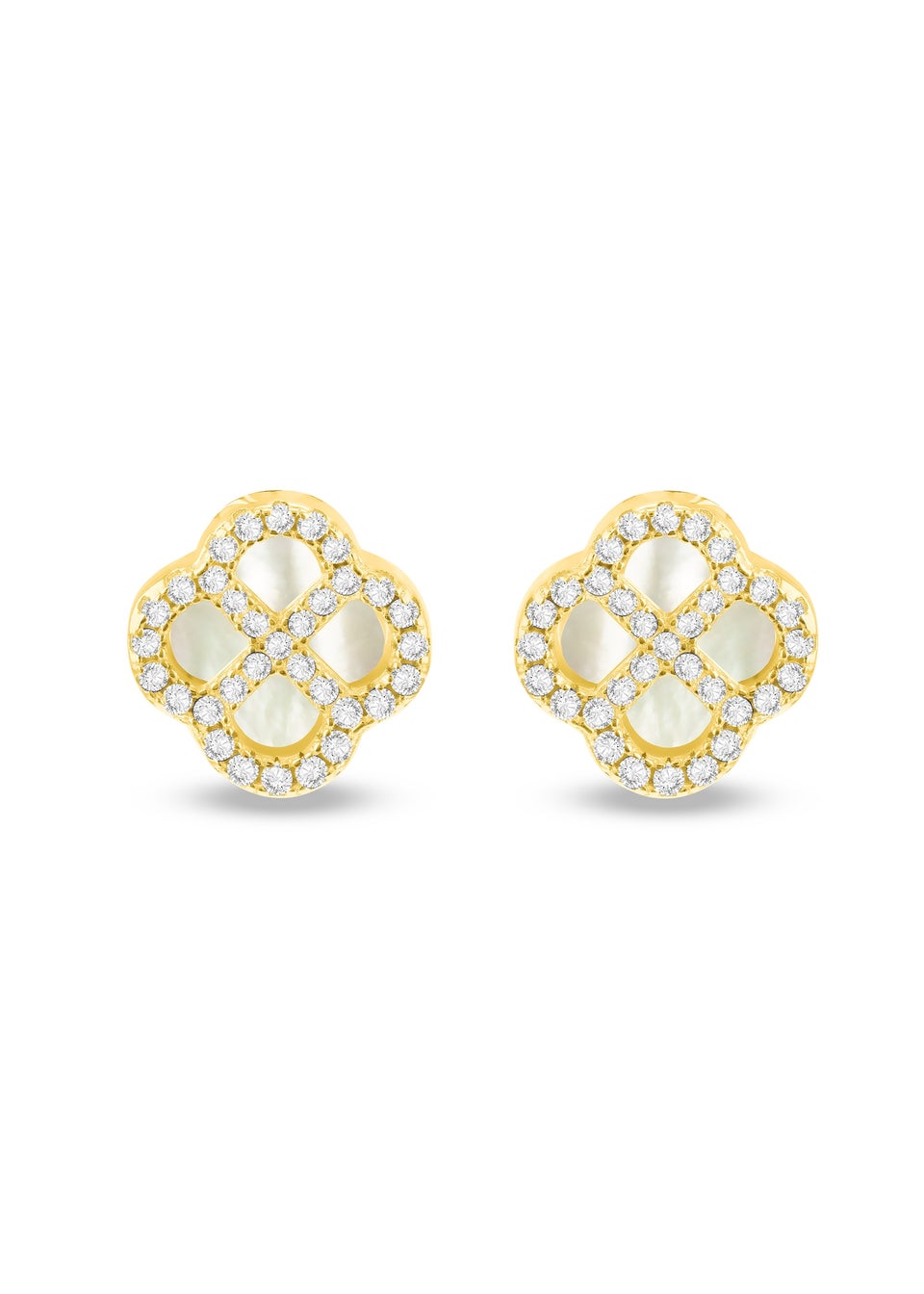 Golden Moments Sterling Silver Yellow Gold Plated Clover Mother Of Pearl and White CZ Stud Earrings