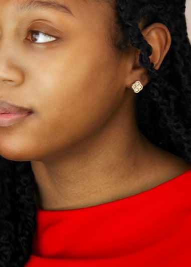 Golden Moments Sterling Silver Yellow Gold Plated Clover Mother Of Pearl and White CZ Stud Earrings