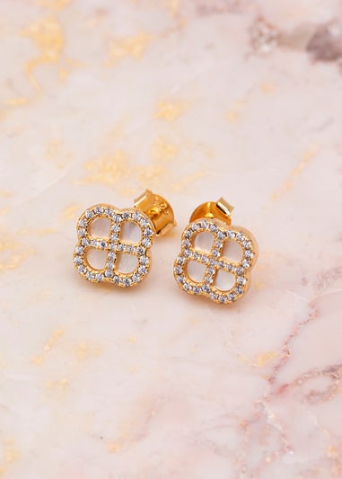 Golden Moments Sterling Silver Yellow Gold Plated Clover Mother Of Pearl and White CZ Stud Earrings