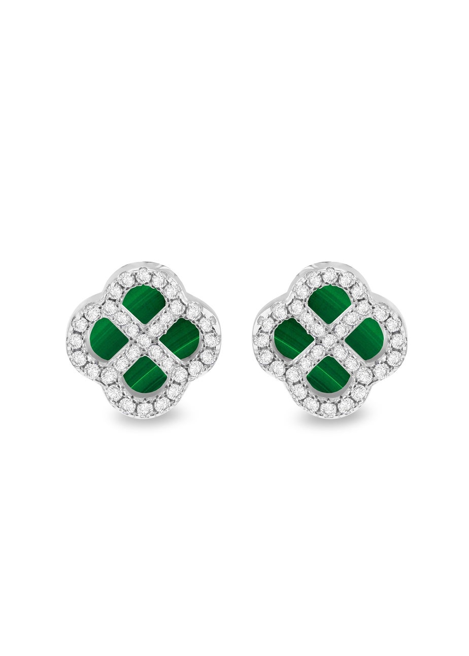 Golden Moments Sterling Silver Rhodium Plated Clover Malachite and White CZ Stud Earring