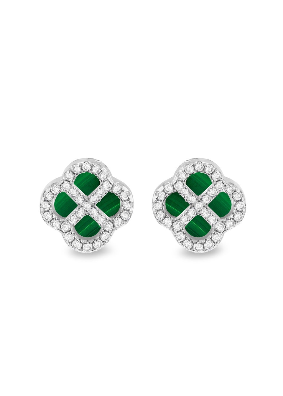 Golden Moments Sterling Silver Rhodium Plated Clover Malachite and White CZ Stud Earring