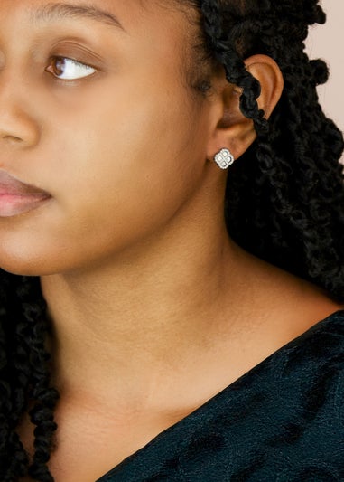 Golden Moments Sterling Silver Rhodium Plated Clover Malachite and White CZ Stud Earring