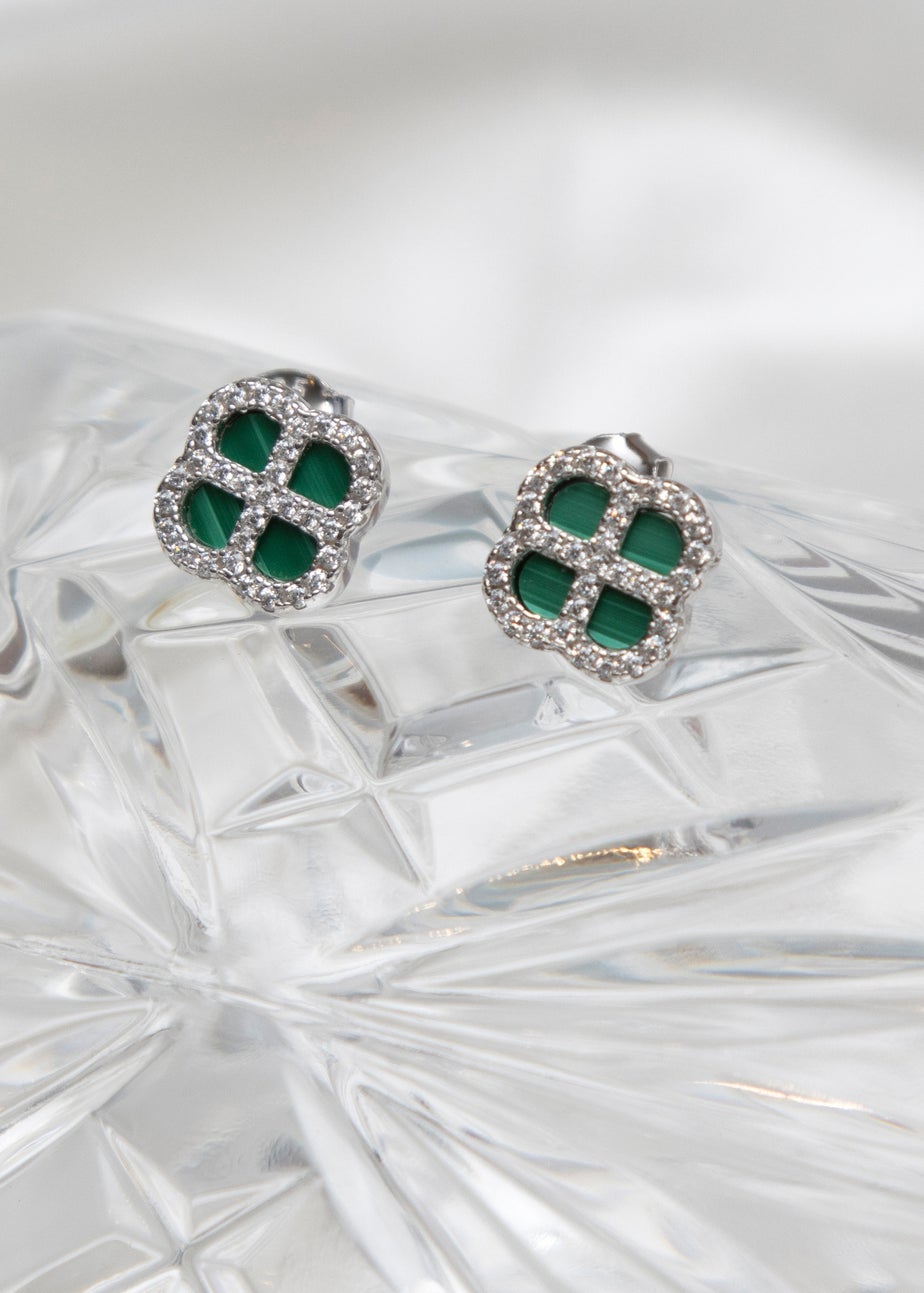 Golden Moments Sterling Silver Rhodium Plated Clover Malachite and White CZ Stud Earring