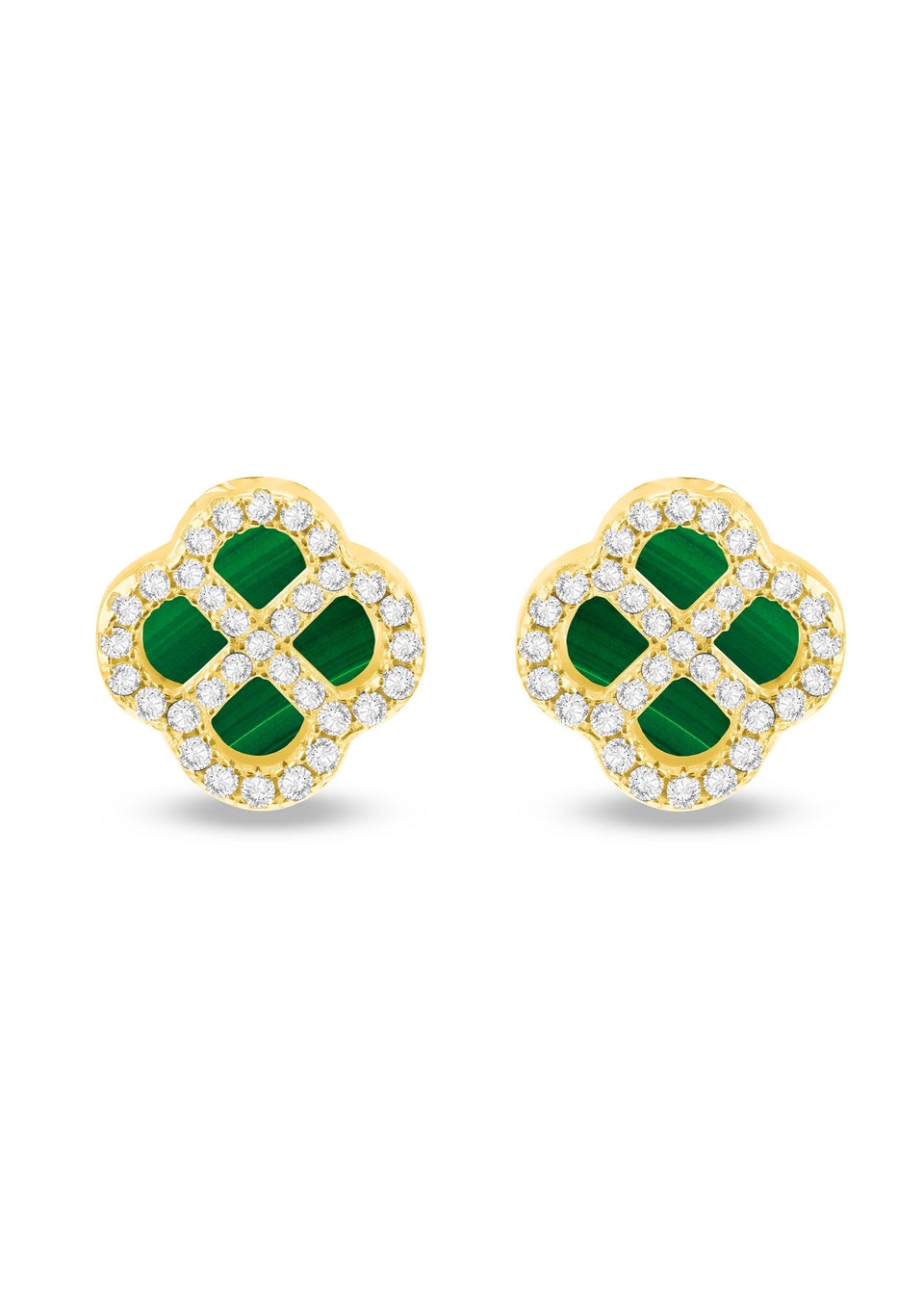 Golden Moments Sterling Silver Yellow Gold Plated Clover Malachite and White CZ Stud Earrings