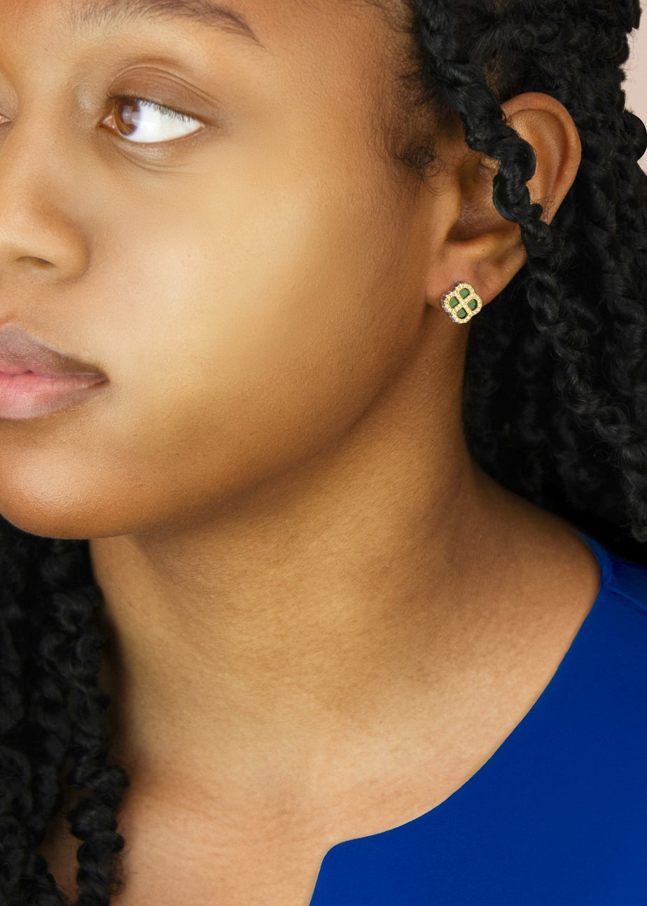 Golden Moments Sterling Silver Yellow Gold Plated Clover Malachite and White CZ Stud Earrings