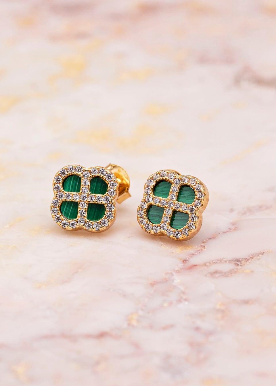 Golden Moments Sterling Silver Yellow Gold Plated Clover Malachite and White CZ Stud Earrings