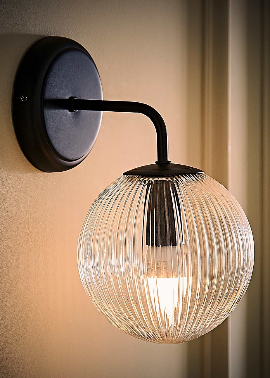 ValueLights Kempton Matte Black Wall Light with Ribbed Globe Shade