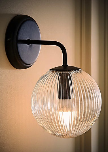 ValueLights Kempton Matte Black Wall Light with Ribbed Globe Shade